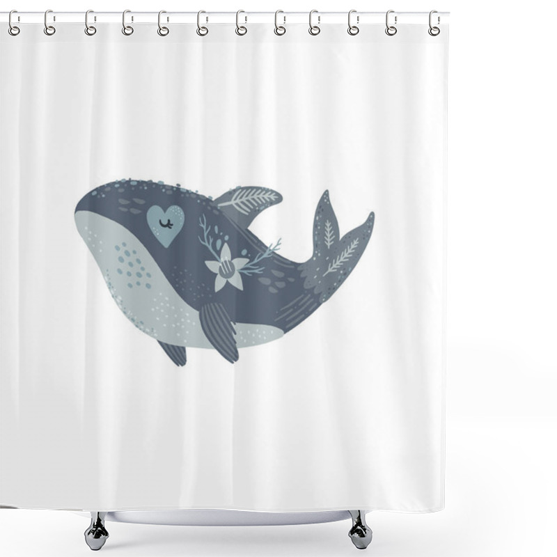 Personality  Nursery Poster With Cute Animal, Kids Wall Art With Whale And Flower. Sea Inhabitants. Children Print Shower Curtains