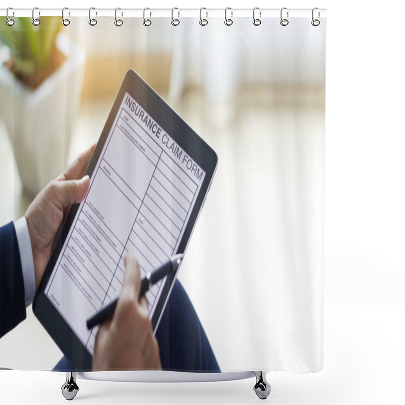 Personality  Businessman Checking Document And Completing An Insurance Claim Form Shower Curtains