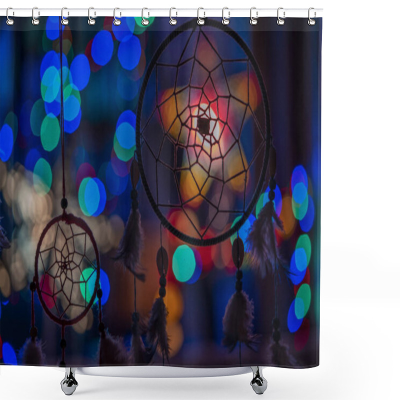 Personality  Lovely Mystical Dream Catchers Silhuettes On Vibrant Blue And Green Bokeh Background  Shower Curtains