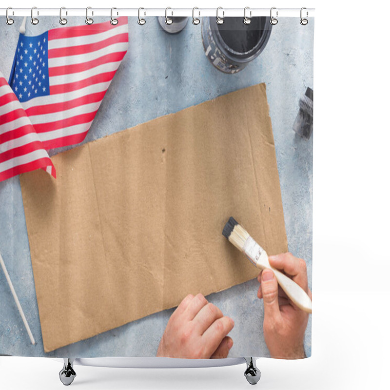 Personality  Man Activist Preparing Banner For Protests Top View Shower Curtains