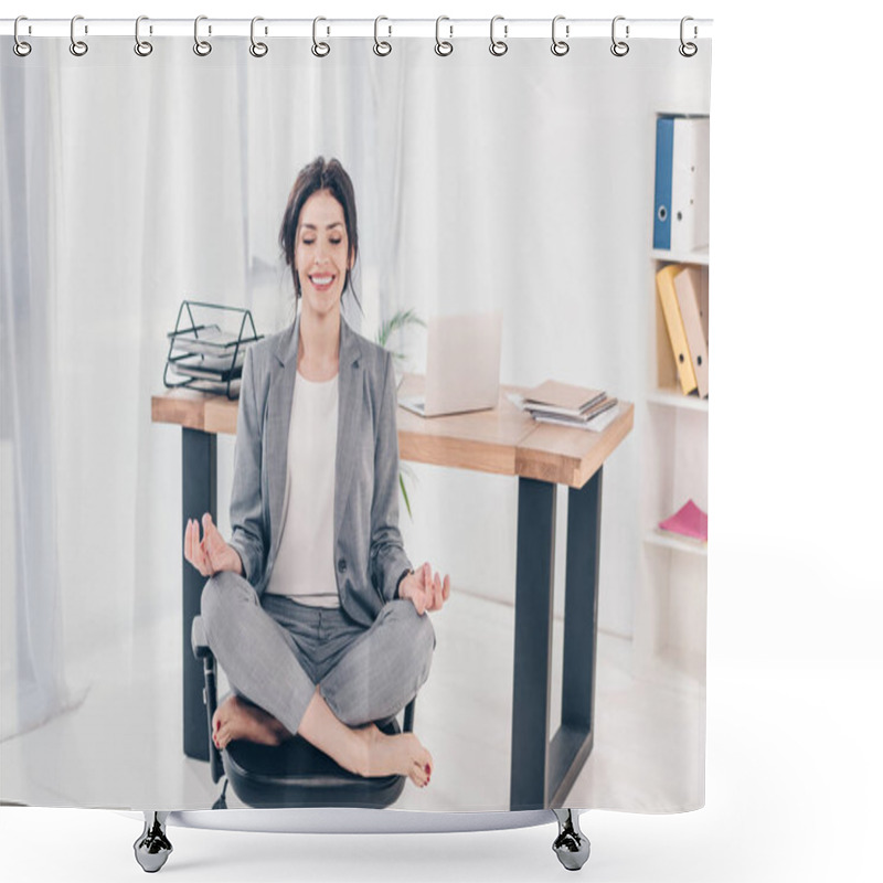 Personality  Beautiful Smiling Businesswoman In Suit Sitting On Chair And Meditating In Lotus Pose In Office Shower Curtains