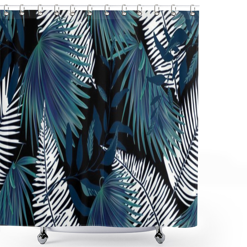 Personality  Exotic Tropical Vector Background With Hawaiian Plants And Flowers. Seamless Indigo Tropical Pattern With Monstera And Sabal Palm Leaves, Guzmania Flowers. Shower Curtains