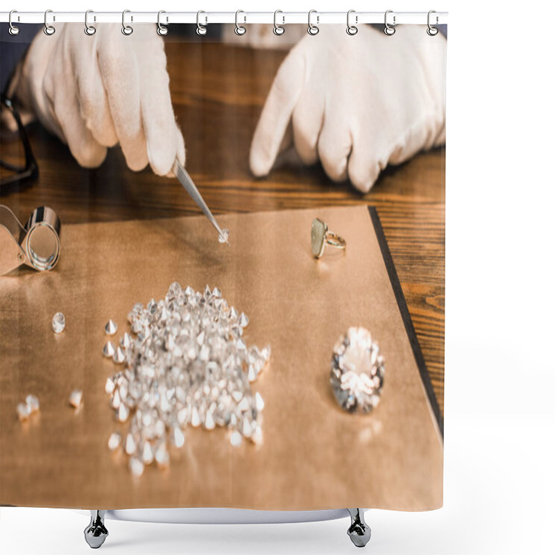 Personality  Cropped View Of Jewelry Appraiser Holding Gemstone In Tweezers Near Board On Table Shower Curtains