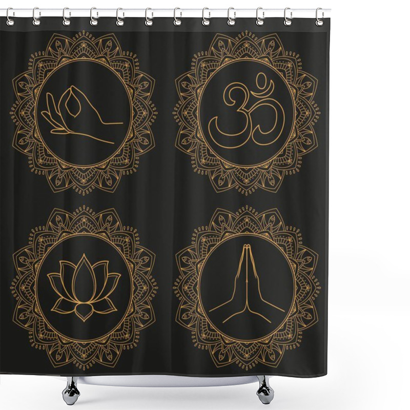 Personality  Collection Of Buddhism Symbols On Ornate Background - Namaste, Lotus Flower, Aum, Gyan Mudra. Vector Illustration Shower Curtains