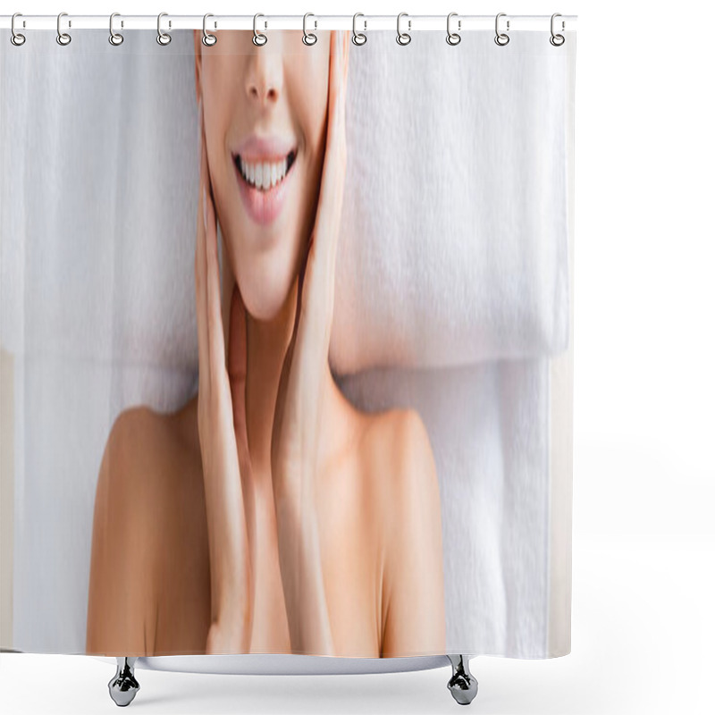 Personality  Top View Of Happy Woman Touching Cheeks And Lying On Massage Table In Spa Salon, Banner Shower Curtains