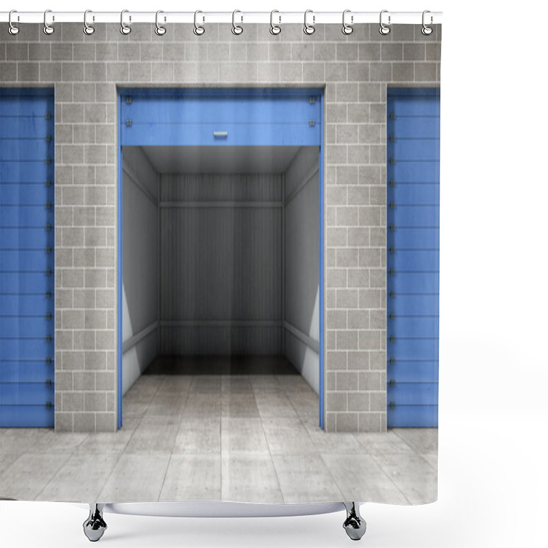 Personality  Empty Open Door Self Storage Unit . 3d Rendering Shower Curtains