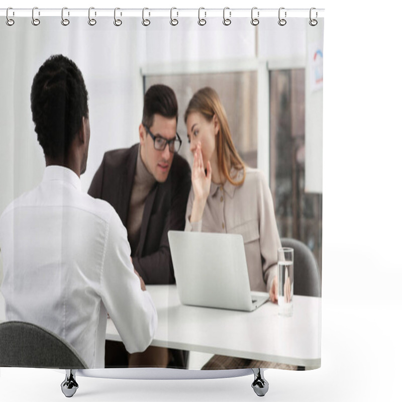 Personality  Coworkers Conducting Job Interview With African American Man In Office. Racism Concept Shower Curtains