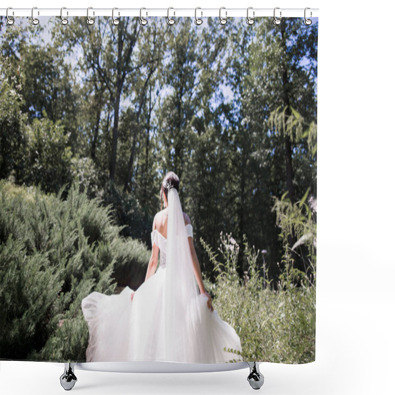 Personality  Bride In Wedding Dress With Her Back In The Park Shower Curtains