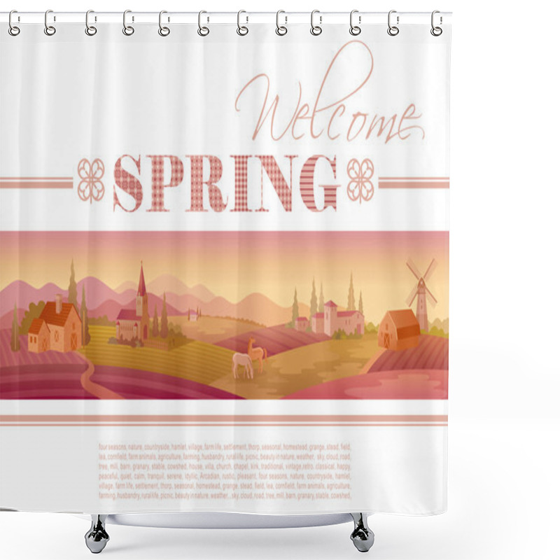 Personality  Idyllic Farming Landscape Flayer Design With Text Logo Welcome Spring And Fields Background. Villa Houses, Chirch, Barn, Mill, Horses And Country Roads. Four Seasons Year Calendar Collection. Shower Curtains