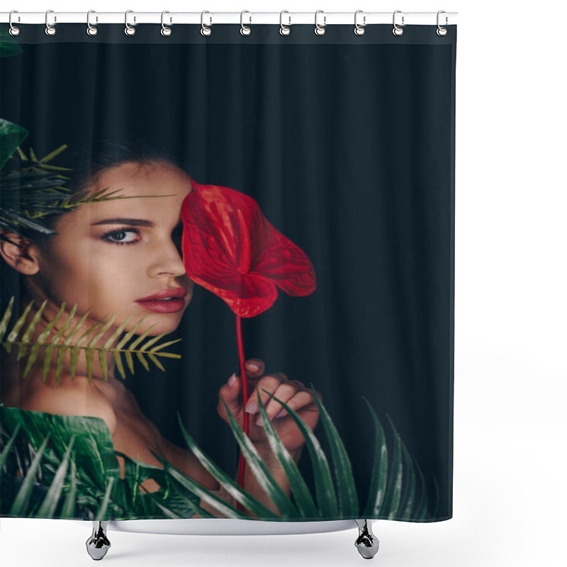 Personality  Girl Looking At Camera And Covering Face With Red Anthurium Behind Leaves Isolated On Black Shower Curtains