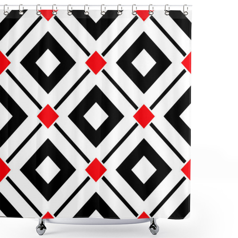 Personality  A Trendy Geometric Seamless Pattern With Black And Red Squares On A White Background. Perfect For Fashion Textiles, Fabric Prints, Website Templates, Or Modern Abstract Graphic Designs. Shower Curtains