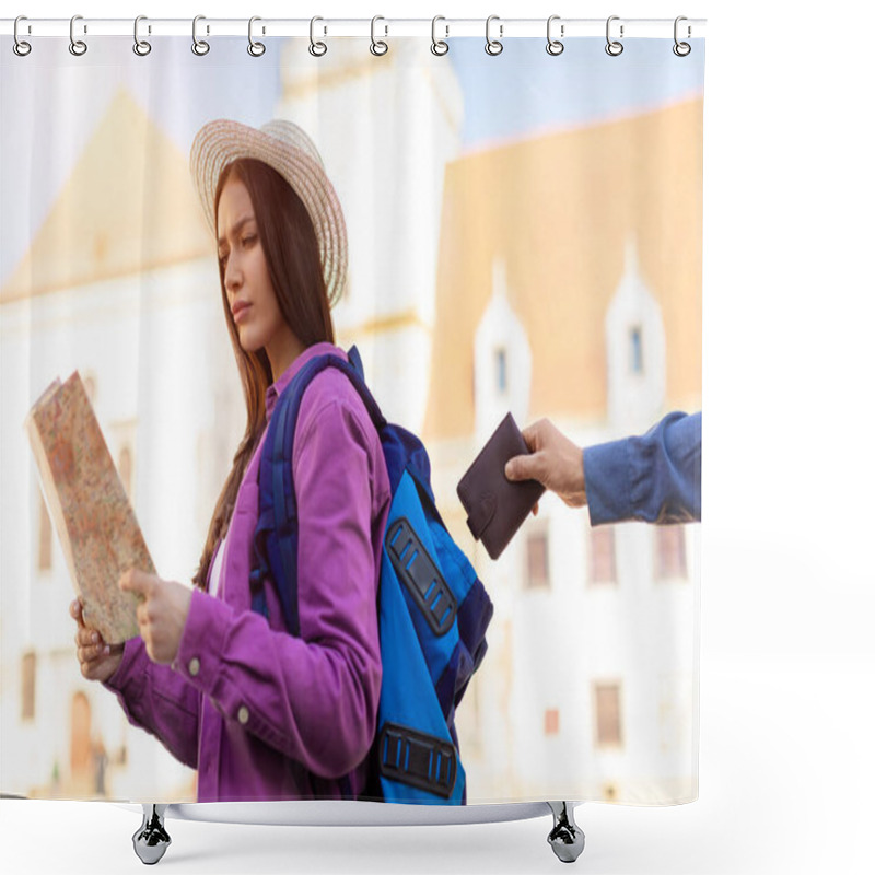 Personality  A Tourist Woman With A Map Looks Worryingly At A Pickpocket Stealing Her Wallet In A European City Square, Underscoring Travel Safety Shower Curtains