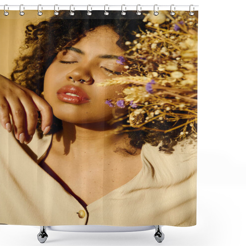 Personality  A Beautiful African American Woman With Curly Hair Holding A Vibrant Bunch Of Flowers In A Studio Setting. Shower Curtains