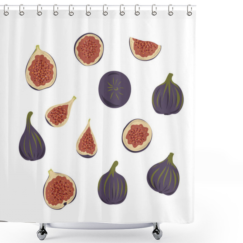 Personality  Fresh Ripe Delicious Juicy Figs Whole And Cut In Half And Quarter. Set Of Fruits Isolated On White Background. Vector Hand Drawn Illustration Shower Curtains