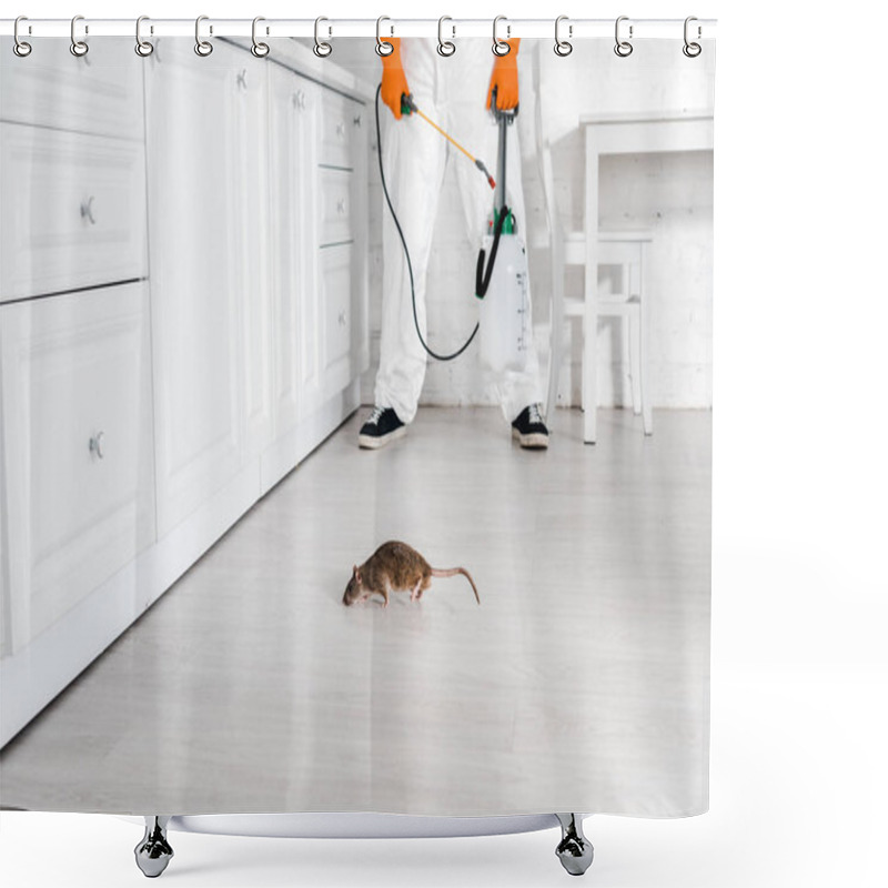 Personality  Cropped View Of Exterminator With Toxic Spray In Hand Standing Near Rat On Floor  Shower Curtains