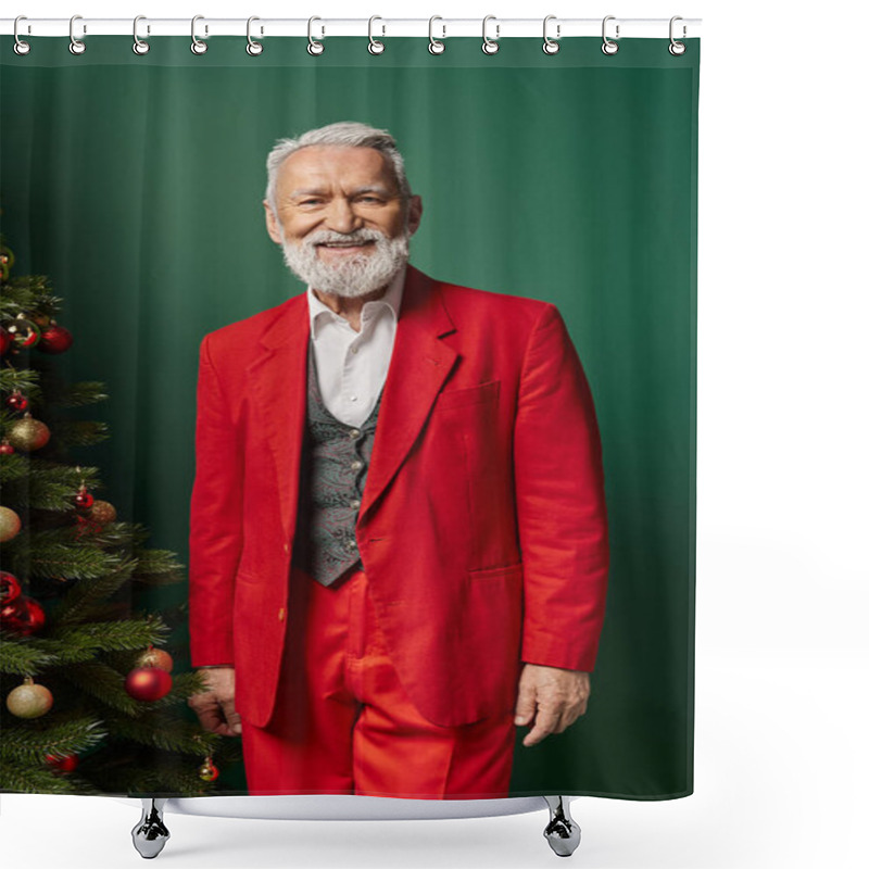 Personality  Cheerful Man In Stylish Santa Red Costume Posing Near Fir Tree With Baubles, Christmas Concept Shower Curtains