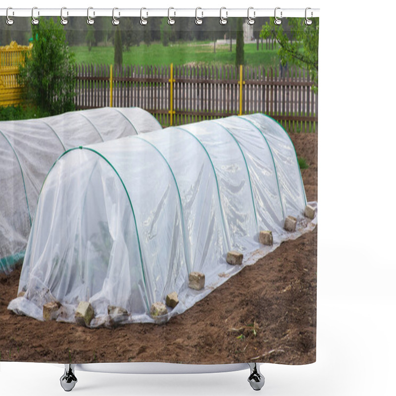 Personality  Vegetable Patch With Seedlings Covered With Spunbond And Polyethylene Film To Keep Humidity Shower Curtains