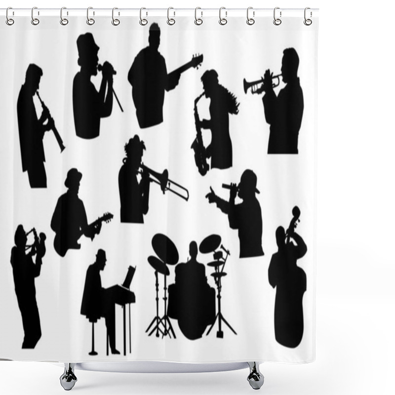 Personality  Set Black Silhouettes Of Musicians Isolated On White Background. Jazz, Rock Or Pop Band Musicians Playing Instruments. Collection Of Singer And Musician People In Different Poses. Stock Vector Illustration Shower Curtains