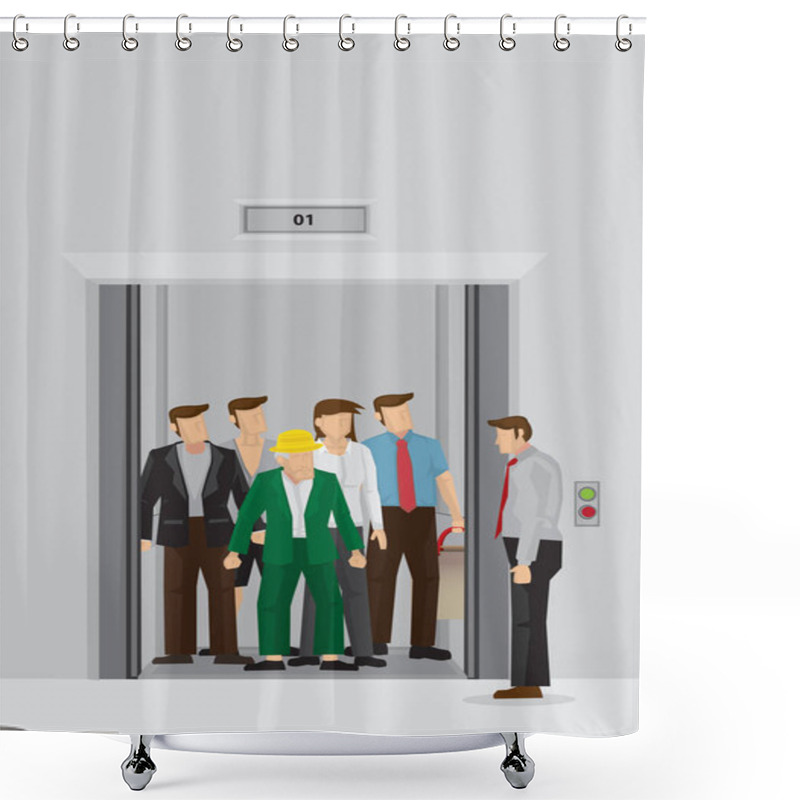 Personality  Businessman Standing Beside Elevator Full Of People Inside. Vector Cartoon Illustration Of Daily Peak Hour Morning Crowd At Office Elevator Lobby Isolated On Grey Background. Shower Curtains