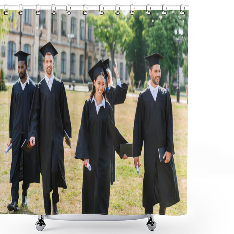 Personality  Young Graduated Students In Capes Walking By University Garden Shower Curtains