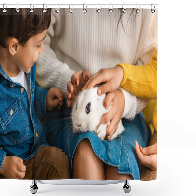 Personality  Partial View Of Mother And Children Touching White Funny Rabbit Shower Curtains