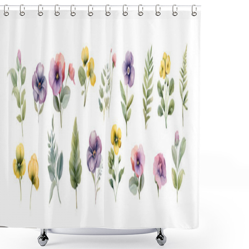 Personality  Watercolor Pansy Flowers Bouquet Collection. Vector Viola Spring Floral Set Illustration. Summer Bloom Violet Plant Decoration Design Elements Shower Curtains