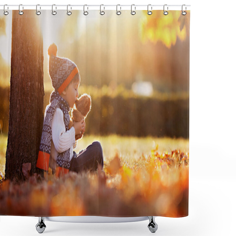 Personality  Adorable Little Boy With Teddy Bear In Park On Autumn Day Shower Curtains