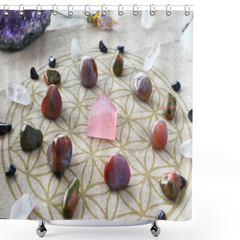 Personality  A Close Up Image Of A Self Love Crystal Grid Using The Flower Of Life Sacred Geometry Grid Cloth And Amethyst Crystals.  Shower Curtains