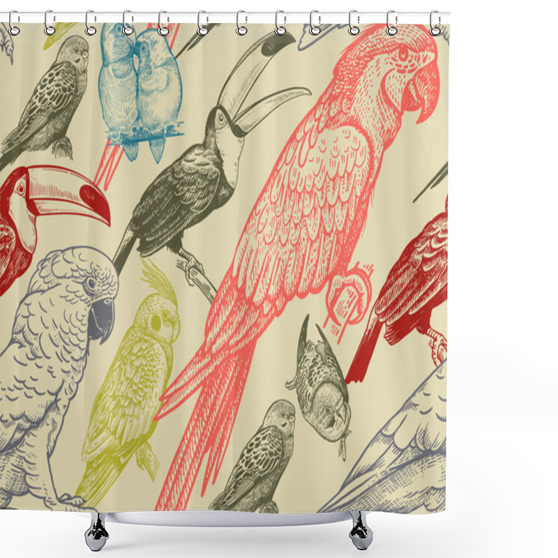 Personality  Parrots And Toucans. Tropical Birds. Seamless Vector Background. Shower Curtains