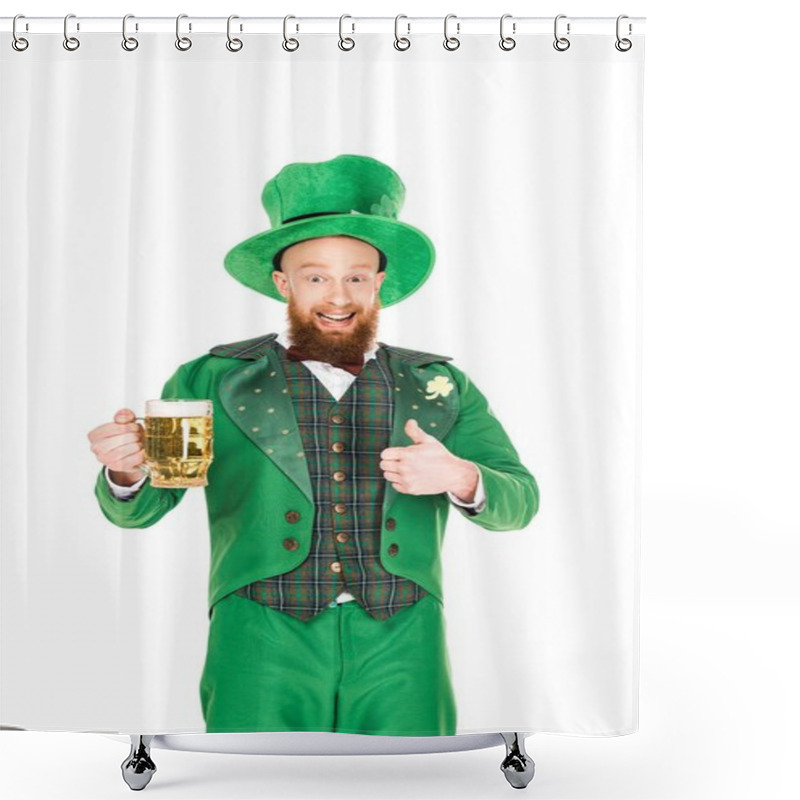 Personality  Leprechaun Celebrating St Patricks Day With Beer And Thumb Up, Isolated On White Shower Curtains