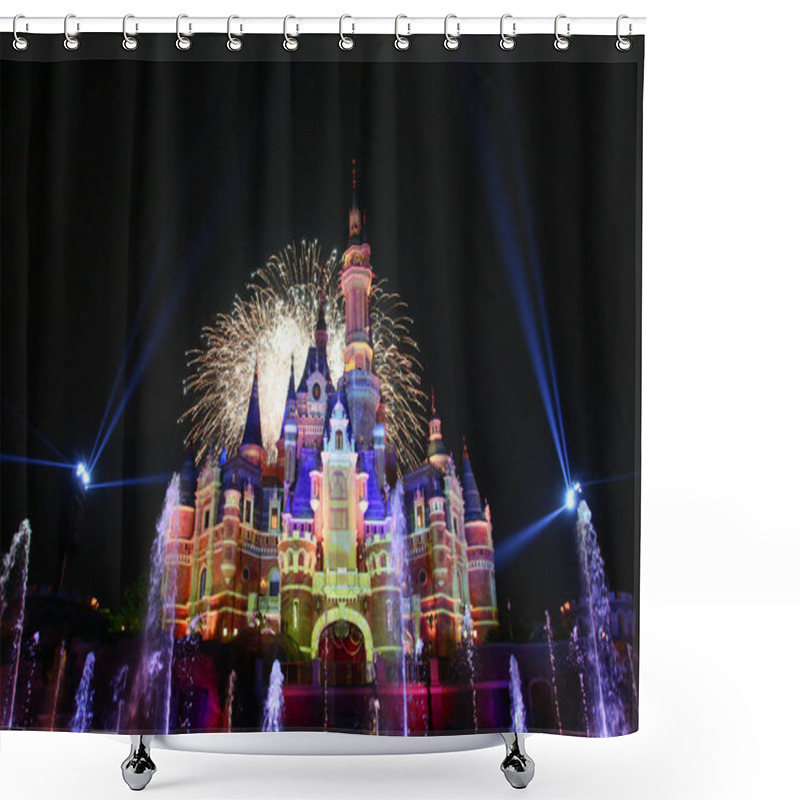 Personality  Fireworks Explode Over The Disney Castle During The First Anniversary Celebration Ceremony In The Shanghai Disneyland At The Shanghai Disney Resort In Pudong, Shanghai, China, 16 June 2017 Shower Curtains