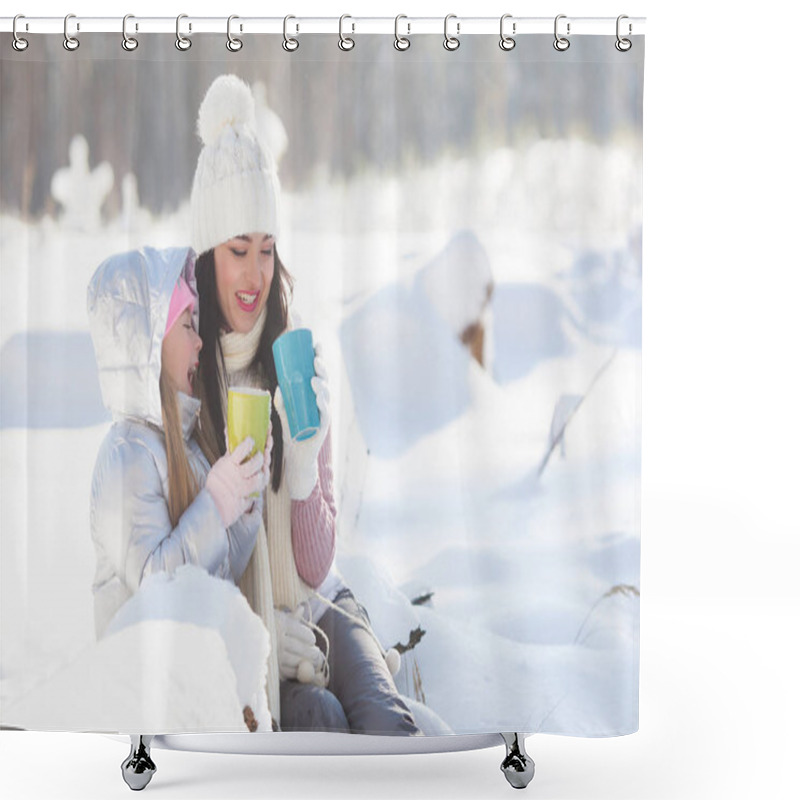 Personality  Mother And Her Daughter Having Fun Outdoors In Winter Time. Pretty Family Drinking Tea And Cocoa Shower Curtains