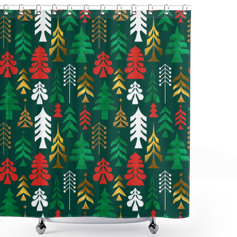 Personality  Christmas Holiday Seamless Pattern Of Traditional Scandinavian Folk Pine Tree Decoration In Luxury Gold Foil Texture. Retro Nordic Background For Wrapping Paper, Fabric Print Or Greeting Card Design. Shower Curtains