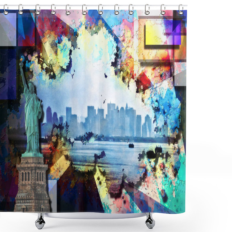 Personality  Liberty Statue And New York City On Modern Art Background Shower Curtains