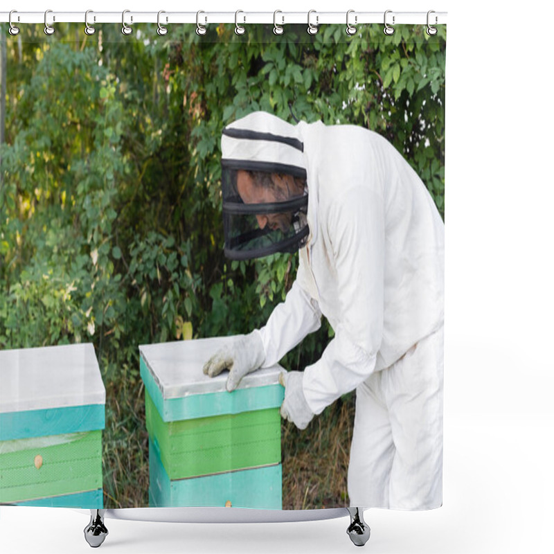 Personality  Bee Master In Safety Suit And Helmet Opening Beehive On Apiary Shower Curtains