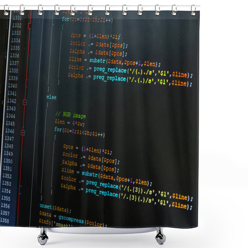 Personality  Fragment PHP Code On Dark Background In Code Editor. Close-up Of A Laptop Screen With The Code Written. Shower Curtains