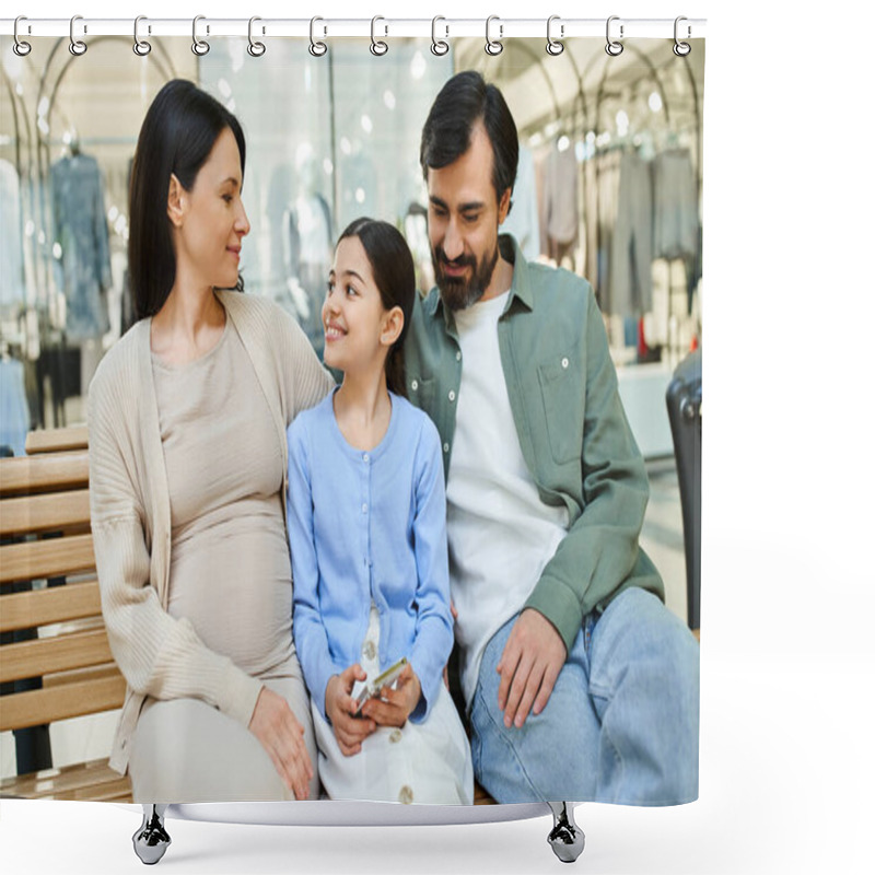 Personality  A Pregnant Woman And Her Daughter Share A Tender Moment On A Bench In A Bustling Shopping Mall. Shower Curtains