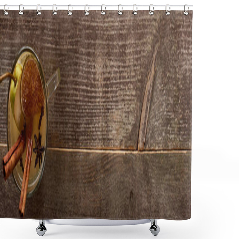 Personality  Top View Of Traditional Warm Pear Mulled Wine Cocktail With Spices And Dried Citrus On Wooden Rustic Table, Panoramic Shot Shower Curtains