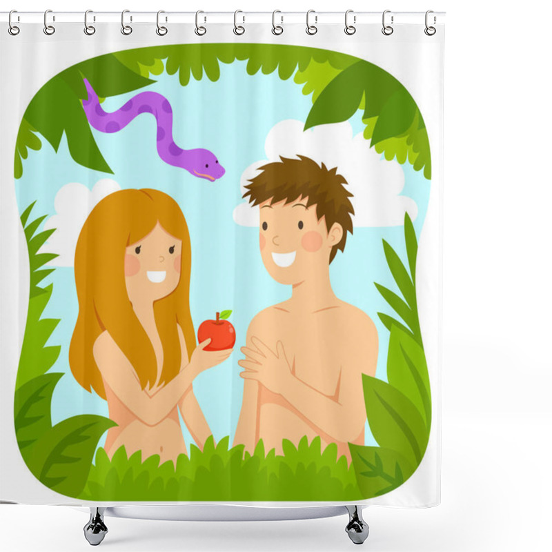 Personality  Cartoon Happy Adam And Eve With An Apple And The Snake Shower Curtains