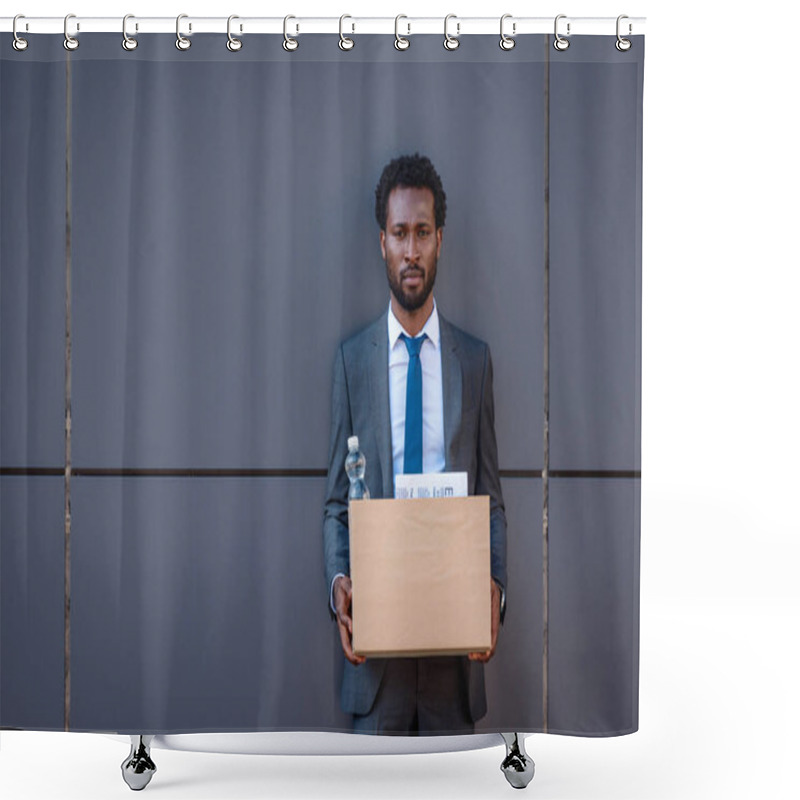 Personality  Fired, Upset Businessman Holding Carton Box And Looking At Camera While Standing Near Wall Shower Curtains