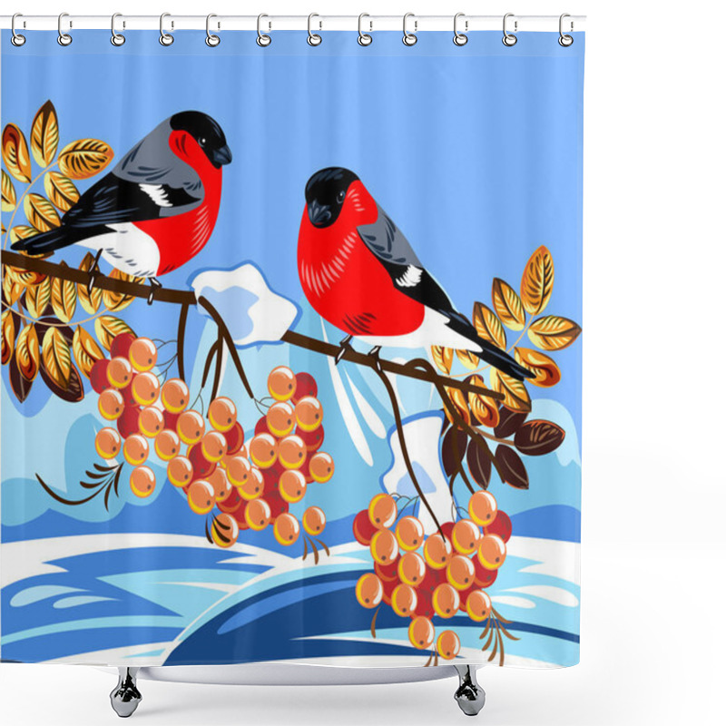 Personality  Bullfinch, In The Background Of The Winter Landscape Shower Curtains