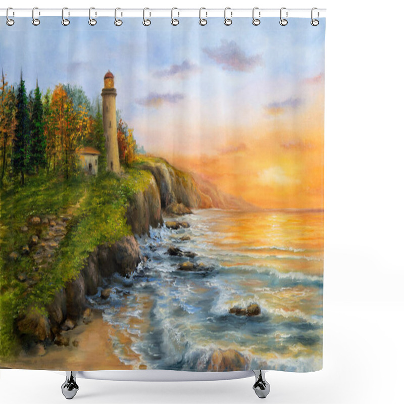 Personality  Original Oil Painting Of  Lighthouse And Cliffs.Golden Sunset Over Ocean Coastline On Canvas.Modern Impressionism Shower Curtains