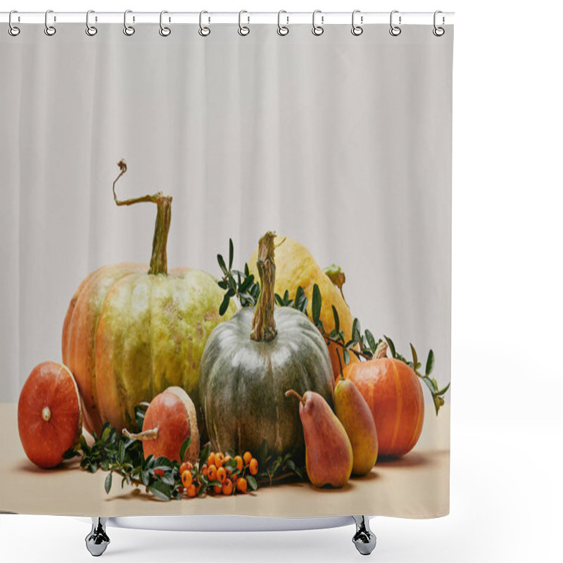 Personality  Autumnal Decor With Pumpkins, Tasty Pears And Pyracantha Berries On Table Shower Curtains