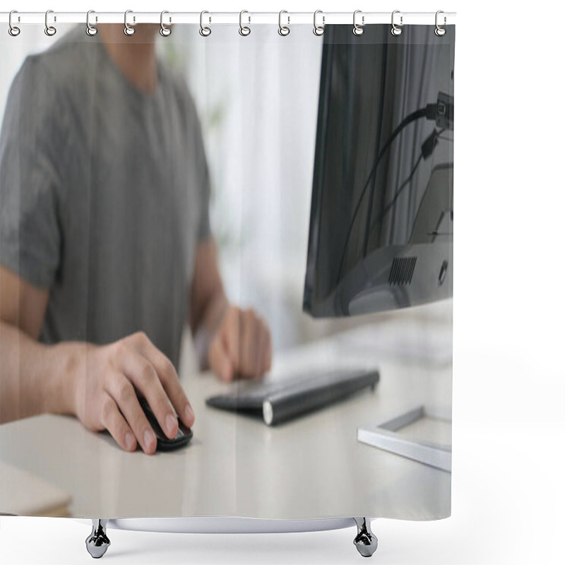 Personality  Hands Of Young Man Using Mouse And Keyboard, Close Up  Shower Curtains