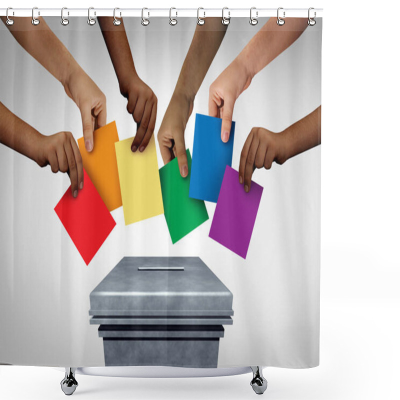 Personality  LGBT Community Vote And Gay Rights Pride Voting Or Sexuality Diversity Concept And Diverse Hands Casting Ballots At A Polling Station As A Democratic Right In A Democracy With 3D Illustration Elements. Shower Curtains