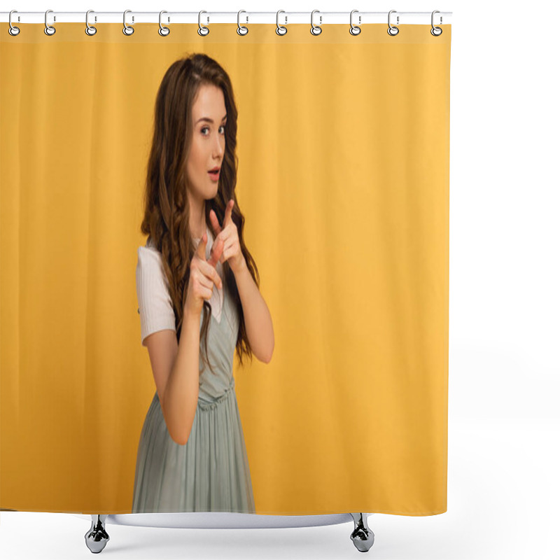 Personality  Beautiful Spring Woman Pointing At You Isolated On Yellow Shower Curtains