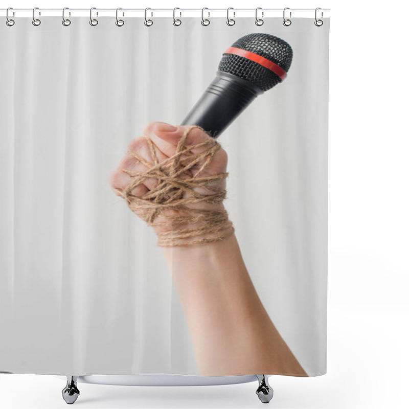 Personality  Cropped View Of Woman With Rope On Hand Holding Microphone Isolated On White, Freedom Of Speech Concept  Shower Curtains