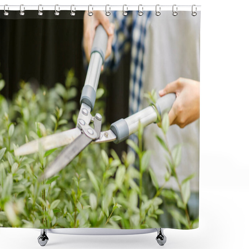 Personality  Woman With Pruner Cutting Branches At Garden Shower Curtains