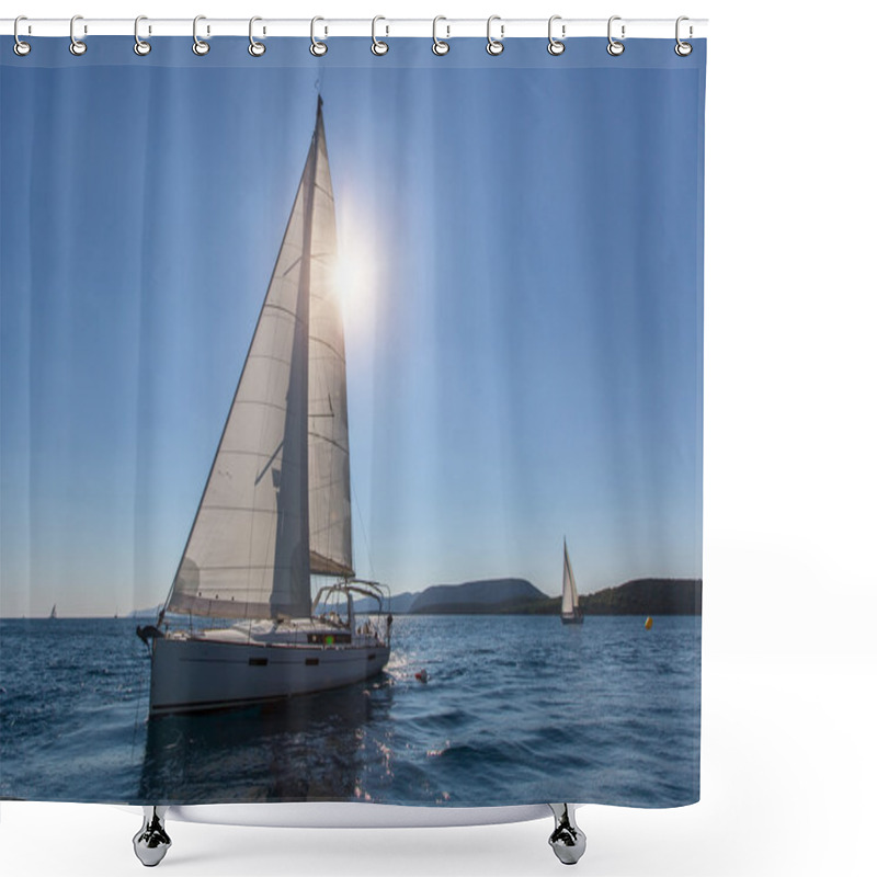 Personality  Sailboat At The Finish Regatta Race Shower Curtains