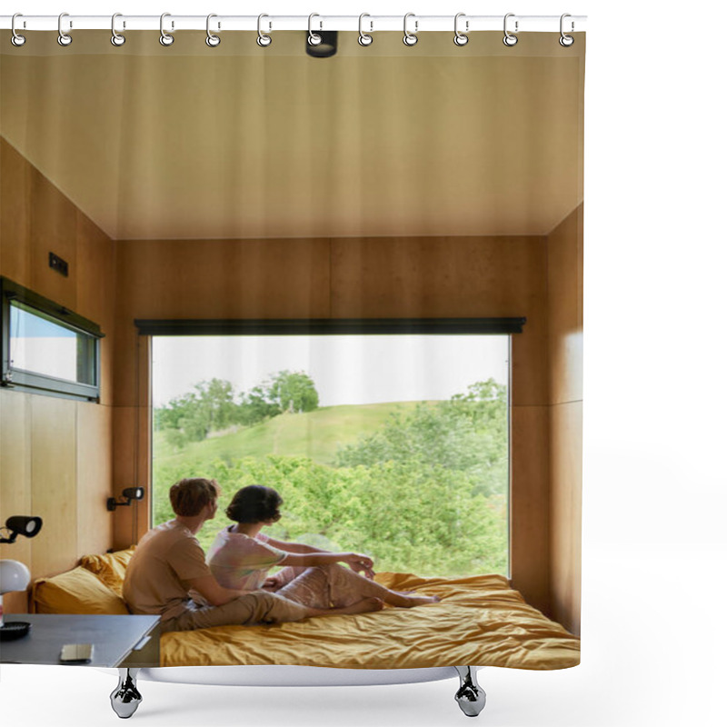 Personality  Couple Enjoying Beautiful View On Green Trees And Resting Together In Country House, Serenity Shower Curtains